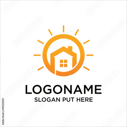 home or house with sun, sunrise, sunset logo design template.