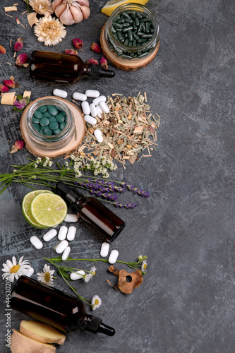 Alternative medicine variation pills and herbs. Homeopathy medicine concept.
