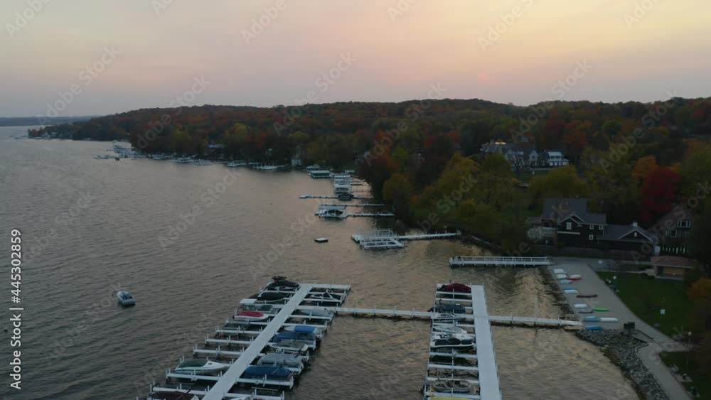Amazing Aerial View of Picturesque Lake during Autumn Sunset. Establishing Shot. Cinematic Amazing Aerial View of Picturesque Lake during Autumn Sunset. Establishing Shot. Cinematic