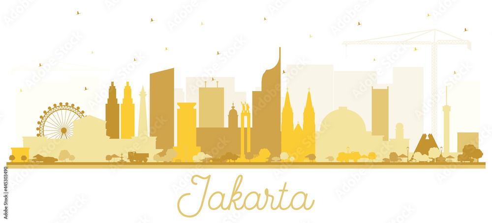Jakarta Indonesia City Skyline Silhouette with Golden Buildings Isolated on White.