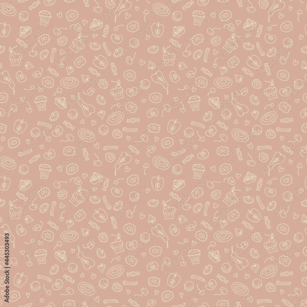 Hand drawn bakery seamless pattern background. Perfect for scrapbooking, textile and prints. Hand drawn illustration for decor and design.
