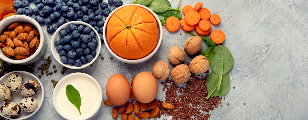 Food for eyes health. Foods that contain vitamins, nutrients, minerals and antioxidants. Food for eyes health. Foods that contain vitamins, nutrients, minerals and antioxidants.