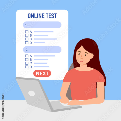 Girl student doing online test for graduation exam on laptop computer in flat design.