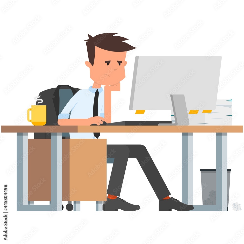 Sad office worker at computer vector isolated on white