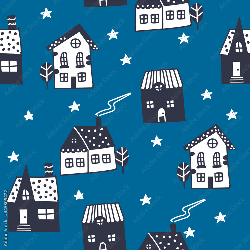 Night illustration with houses. Scandinavian style. Seamless vector
