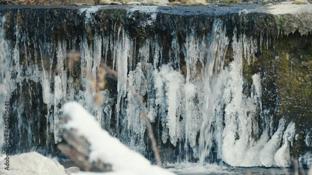 small waterfall in the frozen river, static close up, slow motion small waterfall in the frozen river, static close up, slow motion
