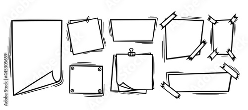 Doodle paper sheets with clip, sticky tape and pins. Blank paper pages for memos and messages. Doodle vector illustration isolated in white background