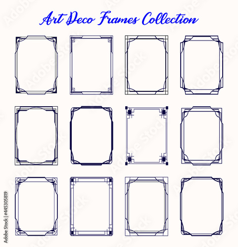 Black art deco borders and frames isolated collection. Vintage luxury ornament design elements set. Retro geometry decoration patterns. Vector graphic illustration.
