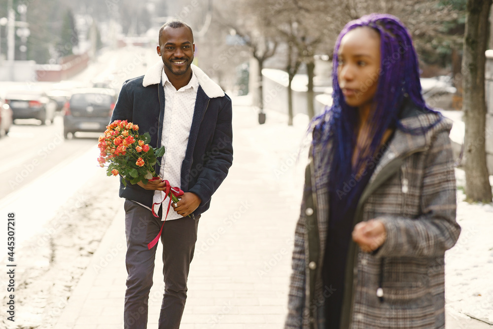 African american couple in a winter city African american couple in a winter city