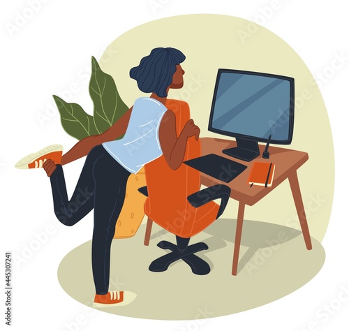 Tired woman stretching and working by computer