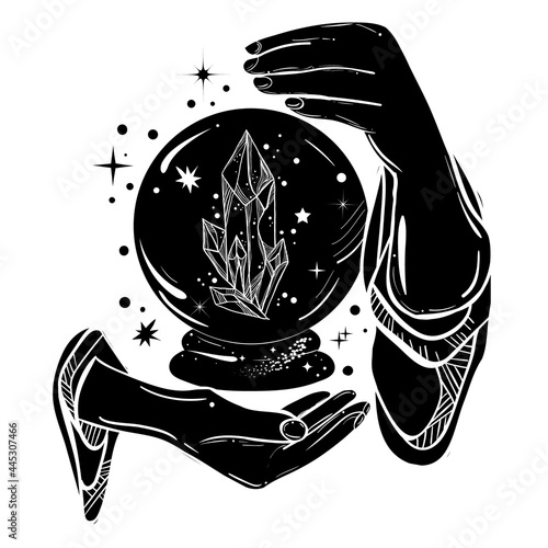 Vintage boho illustration with predictive ball and witch's hands. Fortune teller's sphere.
