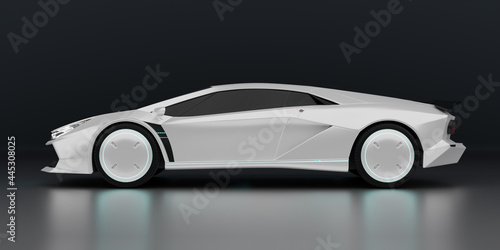 Non-existent brand-less generic concept white sport electric car on black background. Automobile futuristic technology concept . 3D illustration rendering