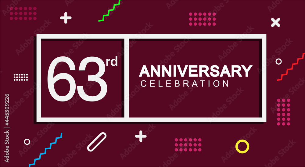 63rd years anniversary celebration white square style isolated on dark purple with colorful memphis pattern background, design for anniversary celebration.