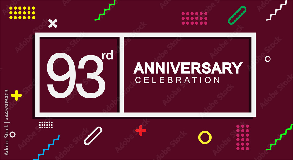 Fototapeta premium 93rd years anniversary celebration white square style isolated on dark purple with colorful memphis pattern background, design for anniversary celebration.