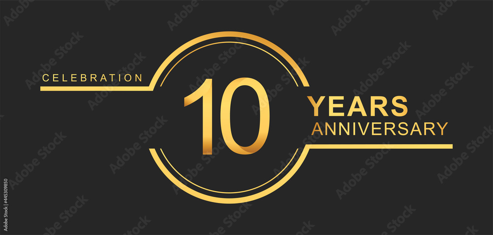 10th years anniversary golden and silver color with circle ring isolated on black background for anniversary celebration event