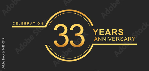 33rd years anniversary golden and silver color with circle ring isolated on black background for anniversary celebration event
