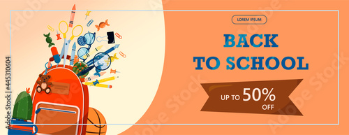 Back to school. Advertising banner, sale, online store, web. Stationery for school, university and office. Cartoon school supplies. Flat illustrations for elementary school. Bright cut out cliparts