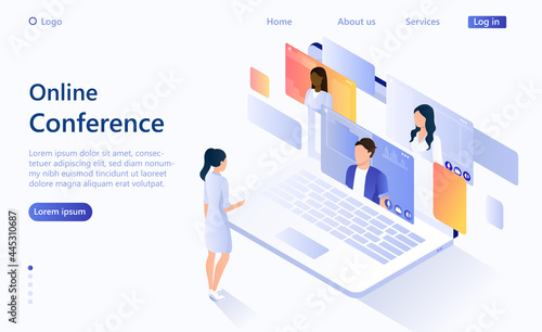 Video conferencing concept. Remote negotiations. Management of the company through video communication. Online communication of the company. Beautifully drawn people in the style of 3D isometric
