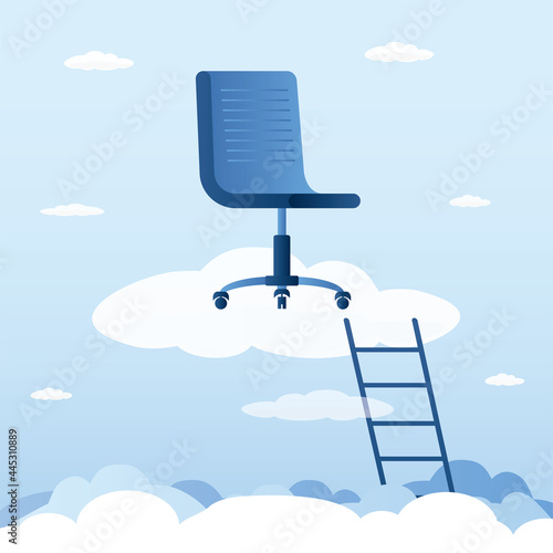 Career success, job position promoted to management opportunity or ladder of success. Businessman standing on cloud with winner cup and money.