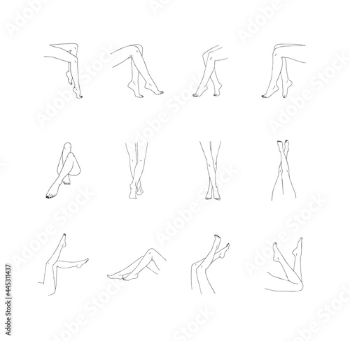 Female legs collection. Hand drawn linear woman feet in different poses. Vector Illustration of elegant icons in a trendy minimalist style.