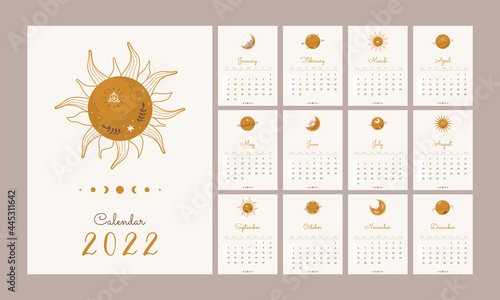 Calendar 2022 with boho celestial elements. Abstract aesthetic vector illustration. Template in scandinavian style.