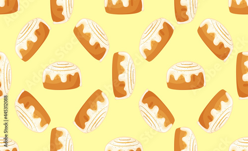 Seamless pattern. Bun with cinnamon. Freshly baked sweet cake. Baked pastry item. Flat vector illustration background.