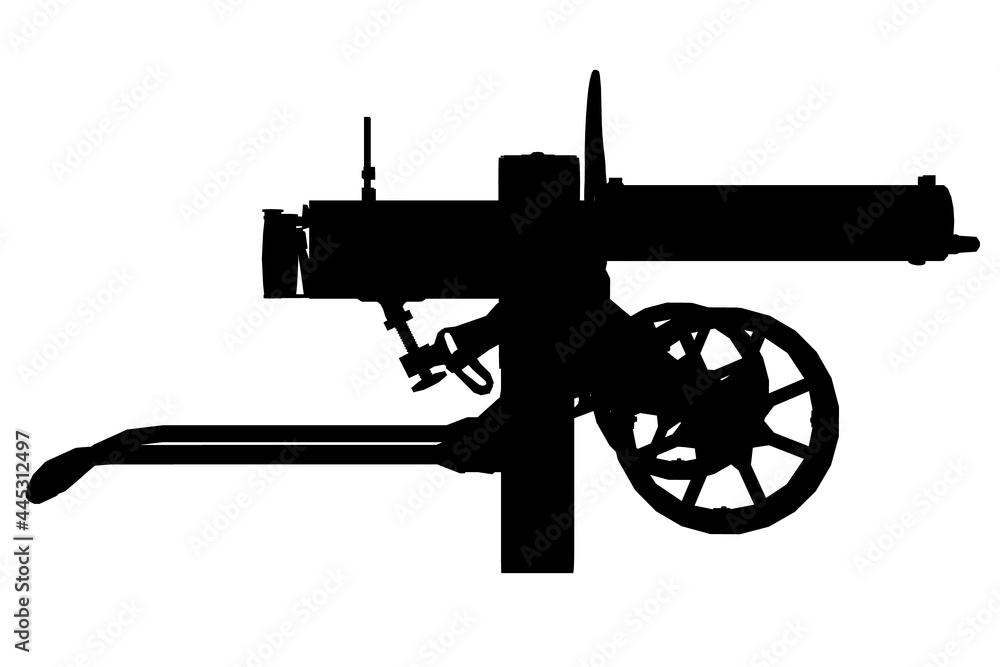 Silhouette of an ancient Maxim machine gun isolated on a white background. Side view. Vector illustration