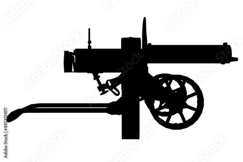 Silhouette of an ancient Maxim machine gun isolated on a white background. Side view. Vector illustration