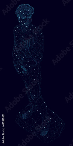 Wireframe of a statue of David from blue lines with glowing lights isolated on a dark background. 3D. Vector illustration