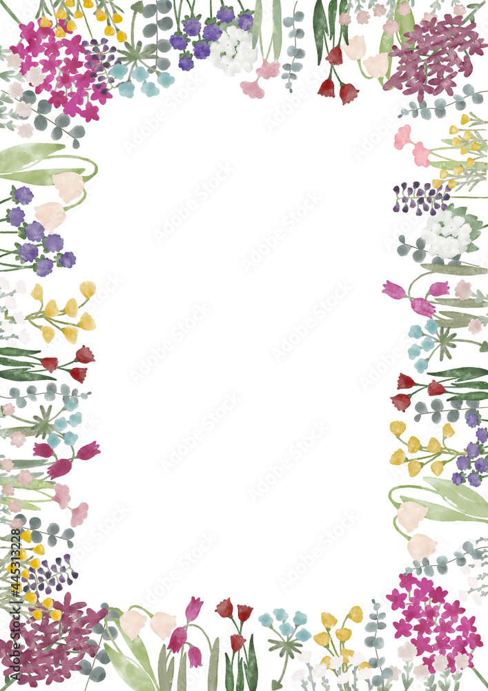 Fototapeta premium 水彩花と白背景の装飾フレーム