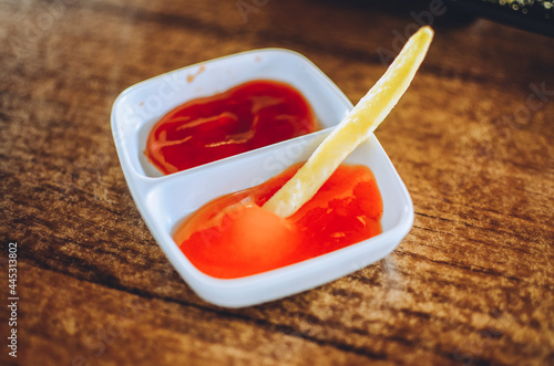 French Fries with Ketchup, narrow focus