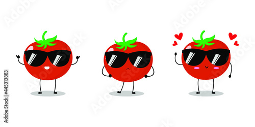 Vector illustration of red tomato character with various cute expression, cool, sunglasses, fun, tomato isolated on white background, simple minimal style, fresh fruit for mascot collection, emoticon