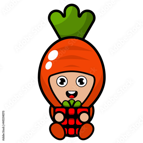 cartoon vector cute carrot mascot character sitting holding a gift box