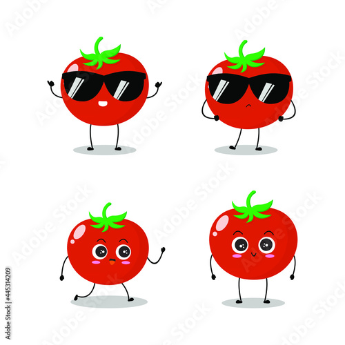 Vector illustration of red tomato character with various cute expression, cool, funny, set of tomato isolated on white background, simple minimal style, fresh fruit for mascot collection, emoticon