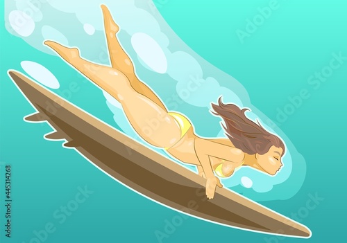 The girl dives into the wave with a surfboard. Flat style. Sea water. Vector.