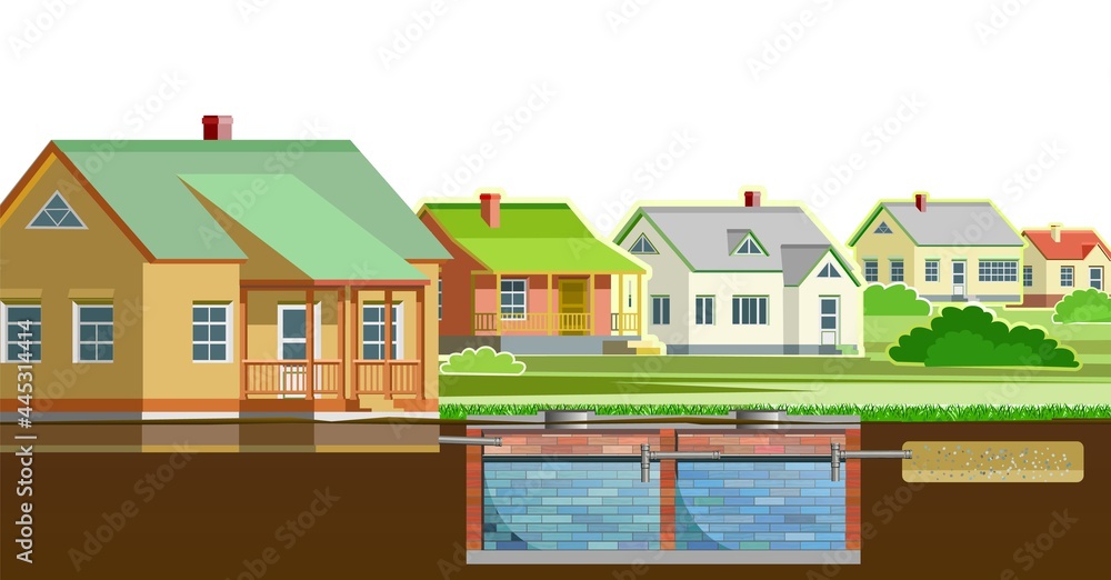 Drainage of waste water from the house. Personal sewerage collector. Dirty liquid discharge, settling, cleaning and overflow into natural soil. Illustration vector