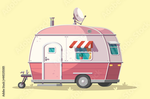 Old pink caravan. Vector illustration in modern cartoon style.  (ID: 445315001)