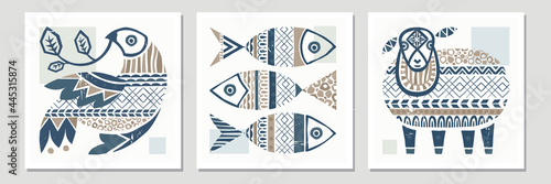 Vector contemporary folk animals illustration set in scandinavian hygge stile. Perfect print for cozy home and restorant decor,nordic, fairy tale, viking culture designs. Good as interior poster.