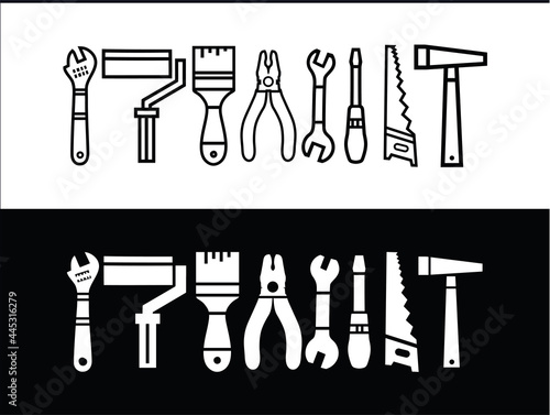 Working tools handyman icon collection. Repair and construction tools collection Vector Stock illustration. Silhouette building tool set drawing plan layout Vector.  