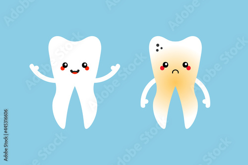 Cute cartoon style tooth characters, healthy smiling and sad plaque tooth for dental care service design.
