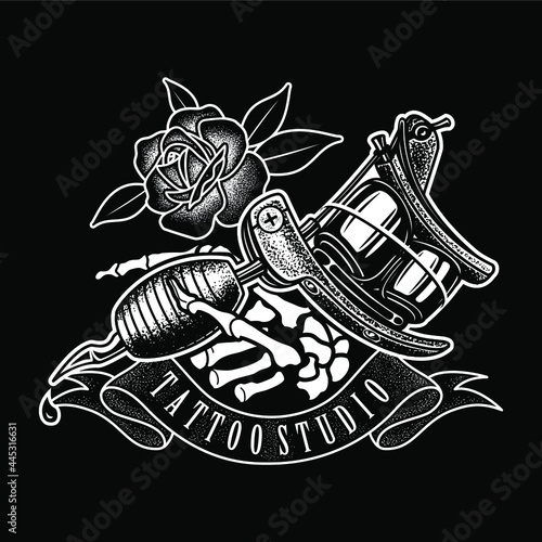 Vintage tattoo studio with hand skull and rose, Tattoo machine, Vector Template, Design element for logo, poster, card, banner, emblem, t shirt. Vector illustration