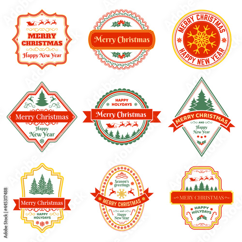 Christmas labels. Vintage xmas winter holiday badges with reindeer, fir tree and snowflakes vector symbols set. Happy New Year and Christmas stamps