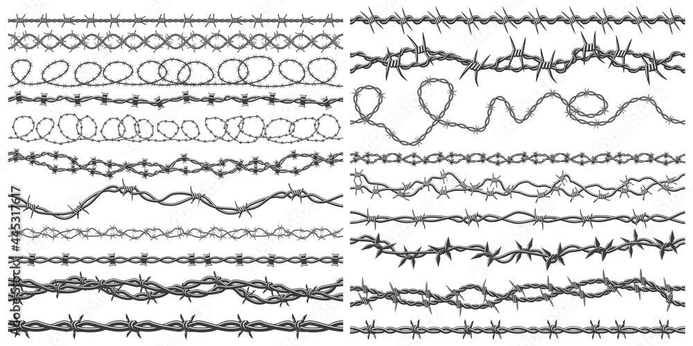 Razor wire silhouettes. Barbed wire metallic border elements, sharply barb wire fencing vector symbols set. Prison barbed wire - obrazy, fototapety, plakaty 