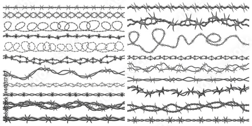 Razor wire silhouettes. Barbed wire metallic border elements, sharply barb wire fencing vector symbols set. Prison barbed wire