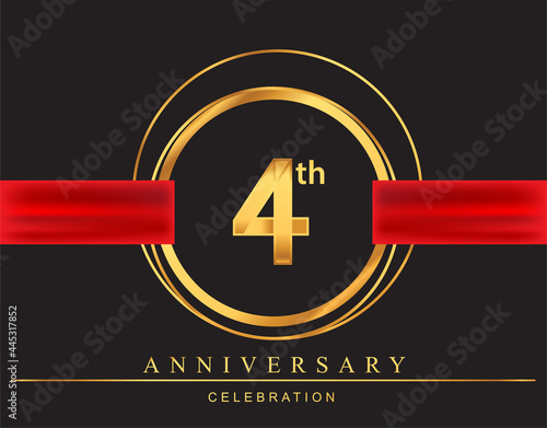 4th anniversary design logotype golden color with ring and red ribbon for anniversary celebration, elegant design.