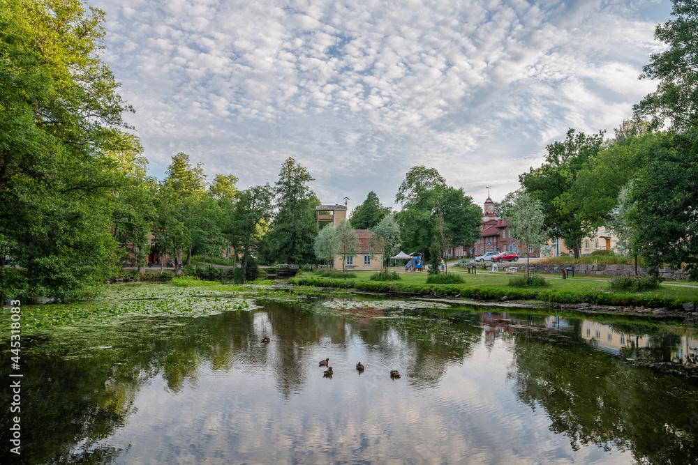 View of the Fiskars village and river in summer evening, Finland