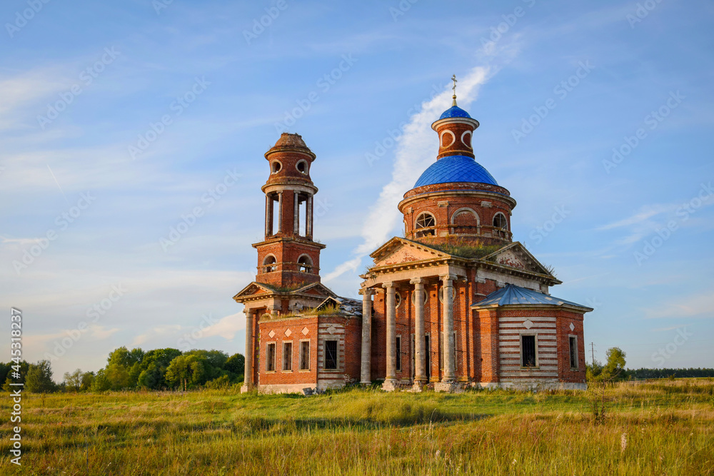 Abandoned church in the Kuzminki tract at sunset
