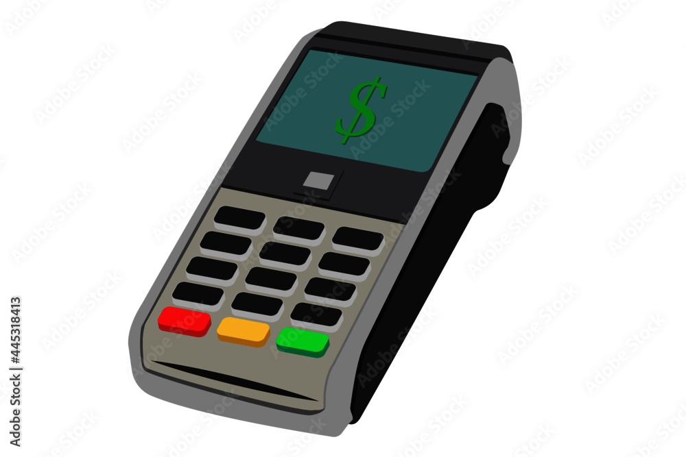 Pos payment machine isolated on white background. This machine also equipped with payment via contactless debit card Pos payment machine isolated on white background. This machine also equipped with payment via contactless debit card