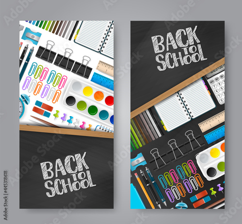 School banner, flyer or brochure set. Realistic 3d study supplies on black chalkboard background. Education concept. Vector illustration.