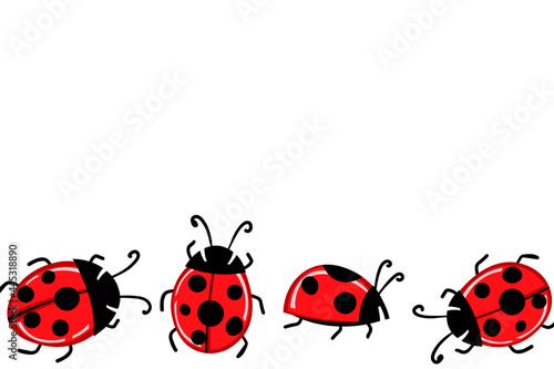 Cartoon cute colorful ladybird mascot. Ladybags with an empty table. Vector character. Insect icon. Holiday template design for invitation, cards, wallpaper, school, kindergarten. Copy space © Alla